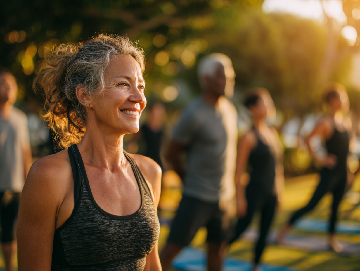 Група людей різного віку займається спортом на відкритому повітрі